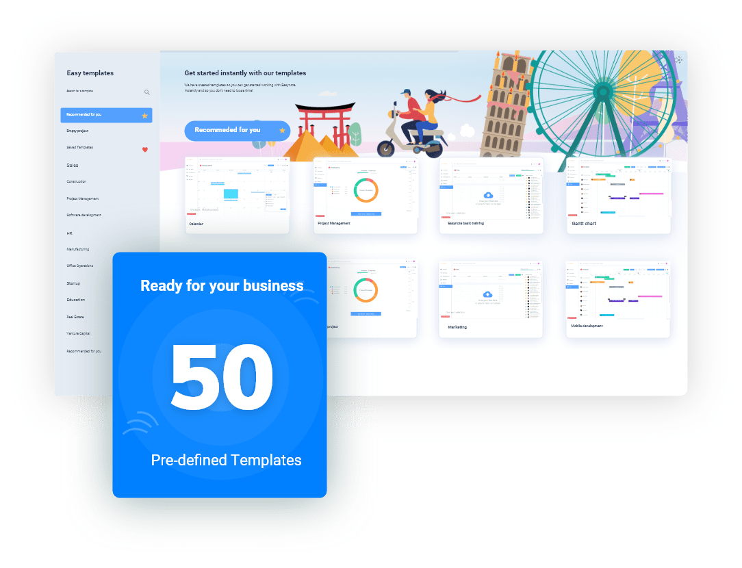 Easynote provides 50 predefined templates for you to get started with your work no matter the industry