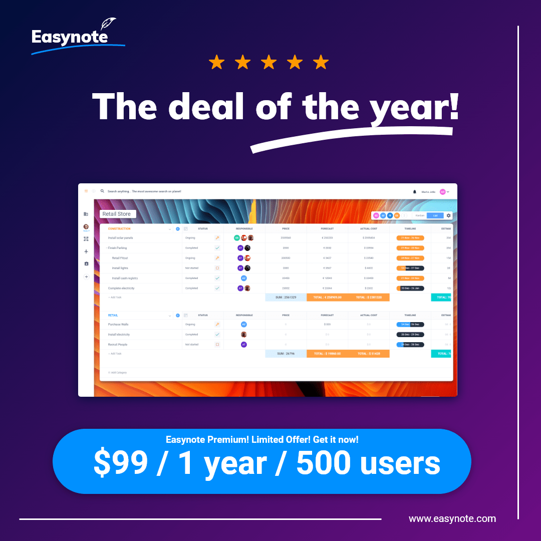 Get Easynote project management software for only $99 / 1 year inclusive 500 users