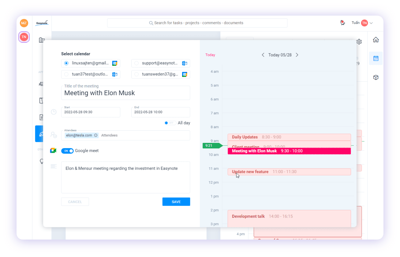 screenshot of easynote's meeting schedule timetable that lets you organize meetings and allows cretivity in planning