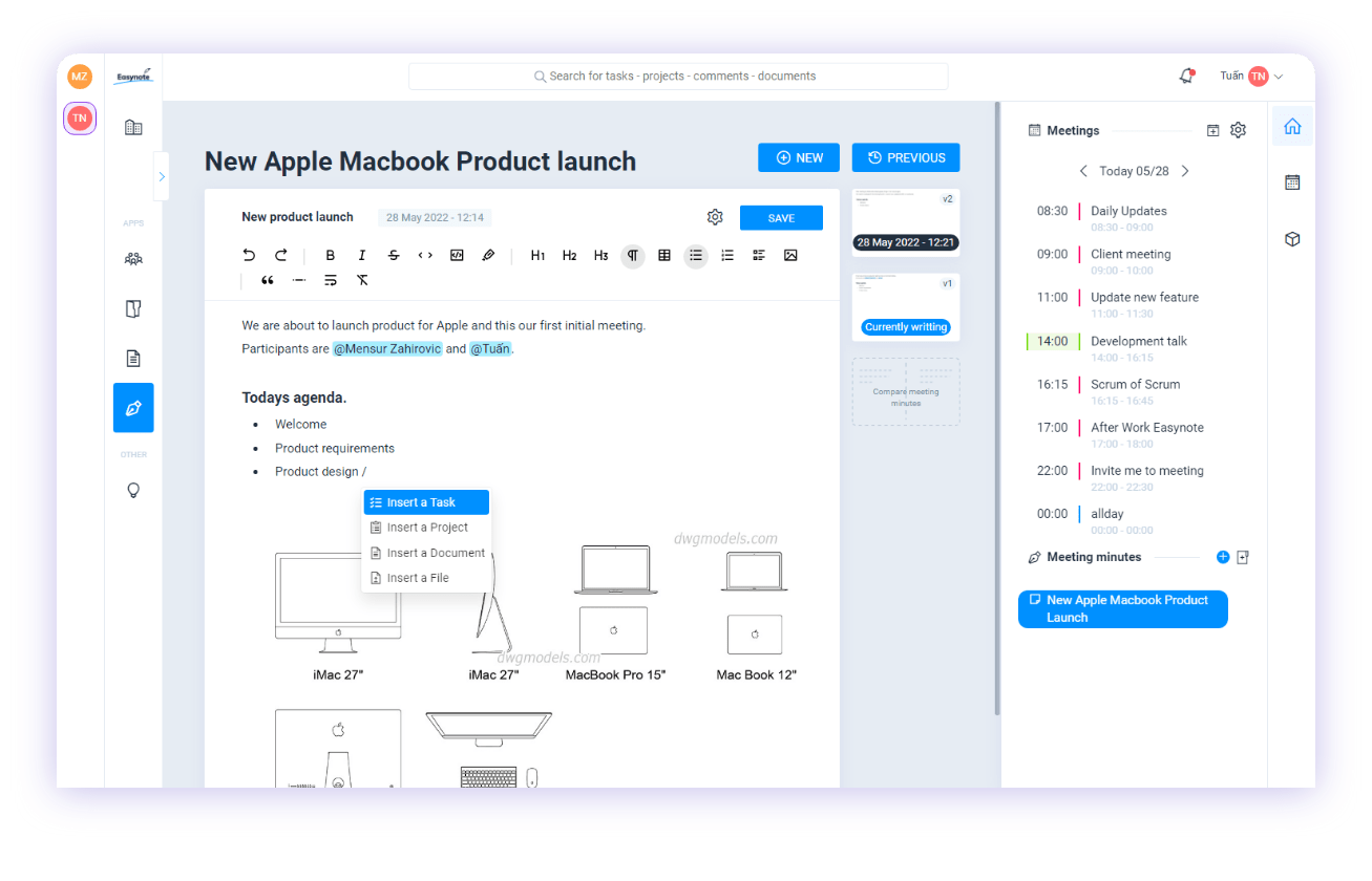 easynote's dashboard showing meeting minutes which can help your level 10 meetings