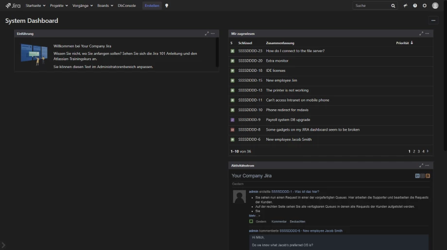 Jira Dashboard in dark mode. 