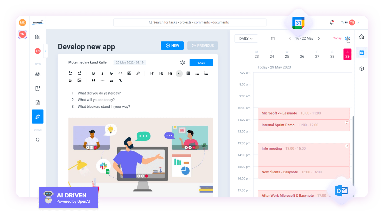 A screenshot of easynote's meeting dashboard that can help you with the difference between product management and portfolio management