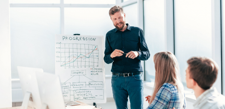 project manager explaining to employees a new strategy using a project plan and how to use easynote to help with project management skills