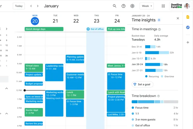 Screenshot of a Google calendar which you can sync with Outlook calendar and easily create new tasks or meetings