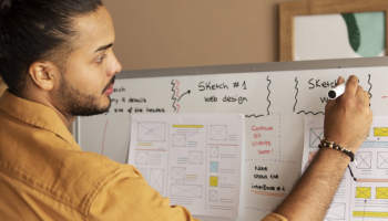 What techniques could scrum masters use? A male scrum master uses the board to present a project plan to his team with help of Easynote.