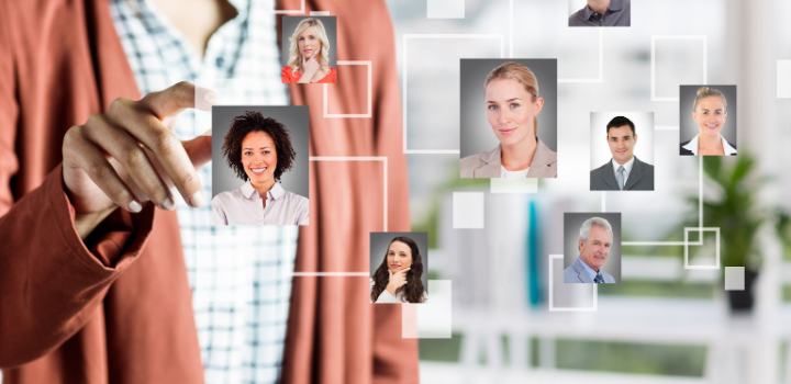 Project manager woman looks at different candidates and team members virtually using resource planning models for scrum teams