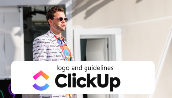 ClickUp logo and the guidelines, colors, and fonts.