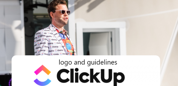 ClickUp logo and the guidelines, colors, and fonts.
