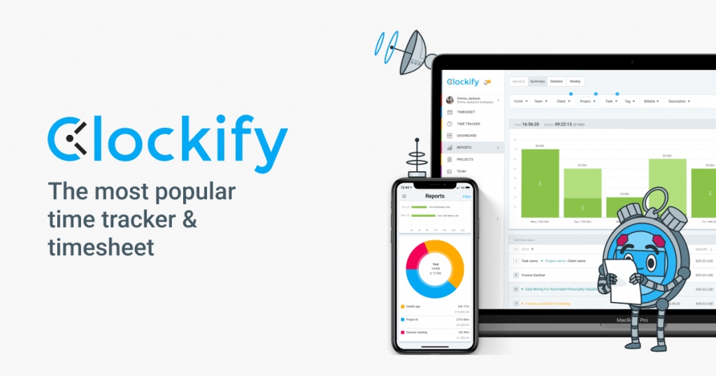 Clockify as time tracking app.