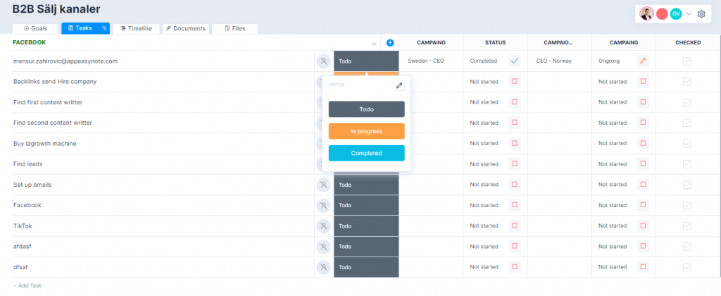 Labeling tasks and project list in Easynote.