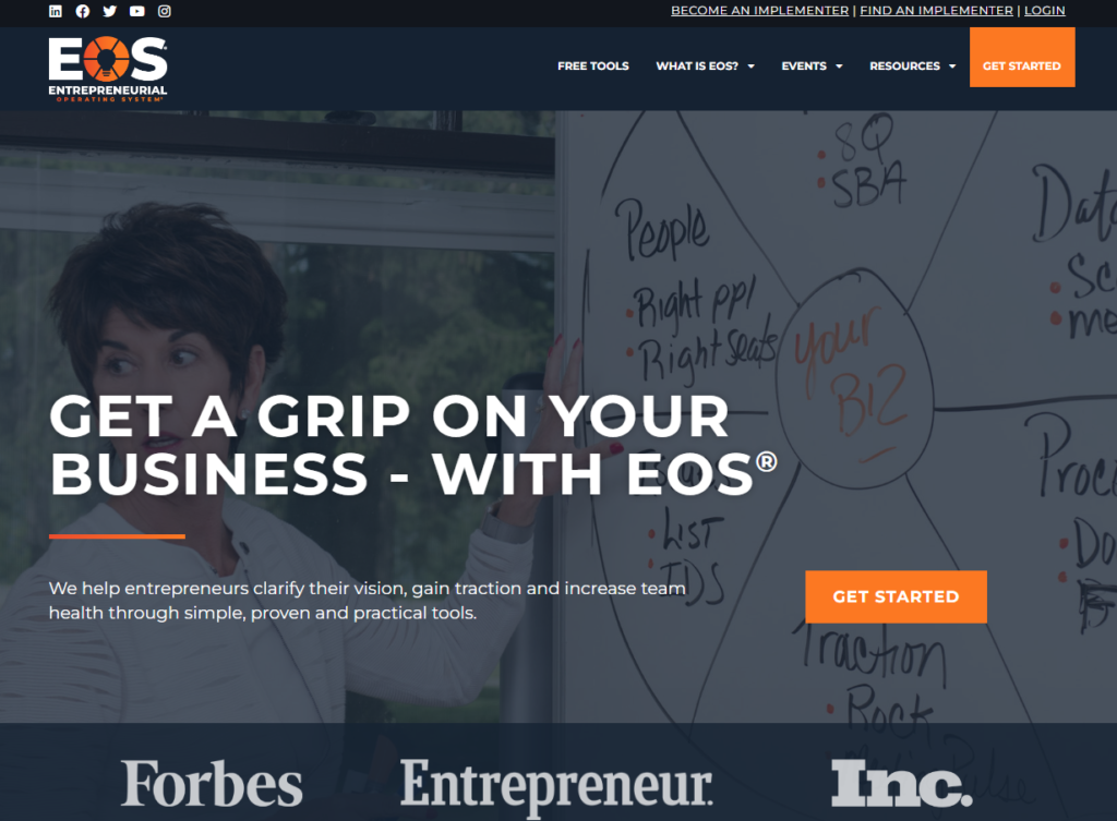 Entrepreneur Operating System screenshot of the main page where you can see some of EOS main features and tools