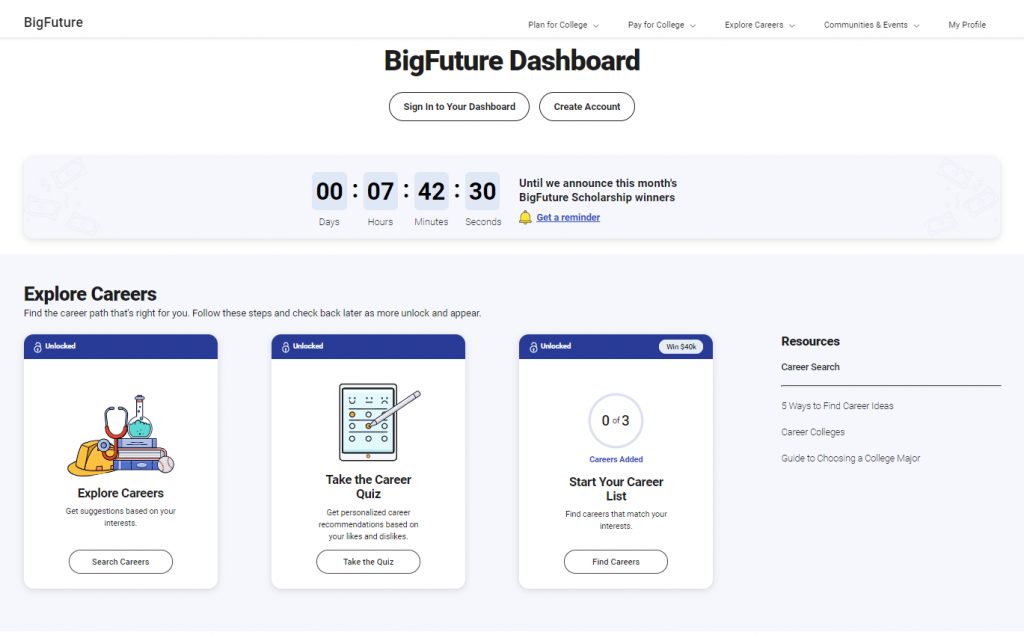 Screenshot of bigfuture's dashboard that can help you manage your time and is a good alternative for college planner pro.