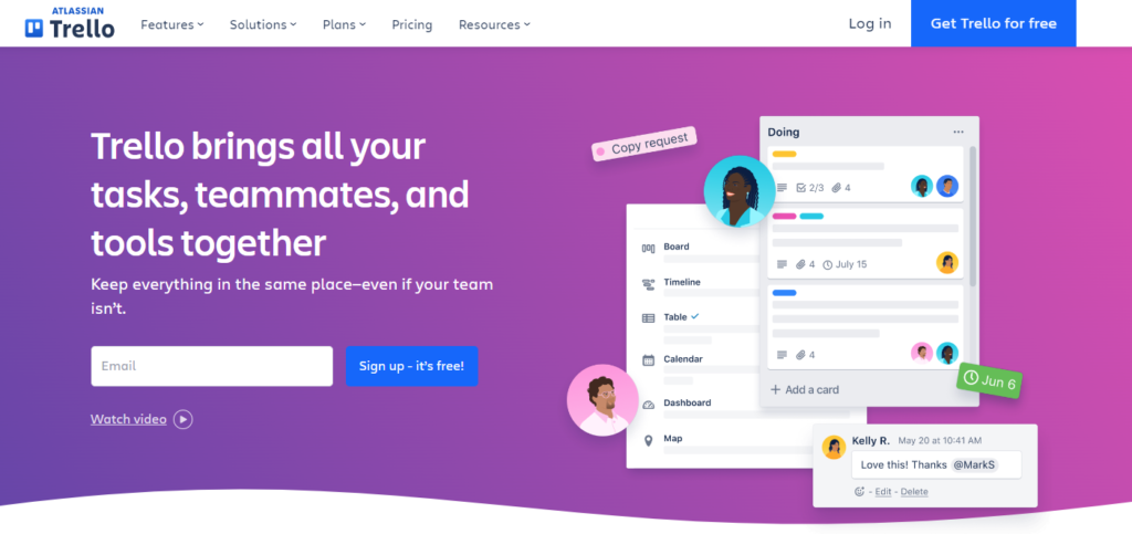 screenshot of trello's home page which shows its features that can help you organize better