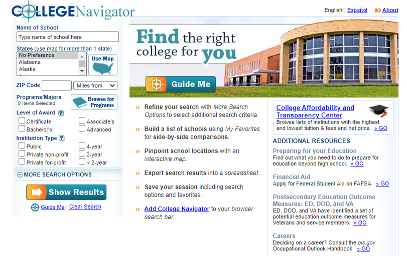 Screenshot of college navigator's dashboard that can help you manage your time and is a good alternative for college planner pro.