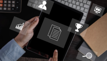 User Required Specification Basic Template shown on a virtual screen as a businessman holds it in his office