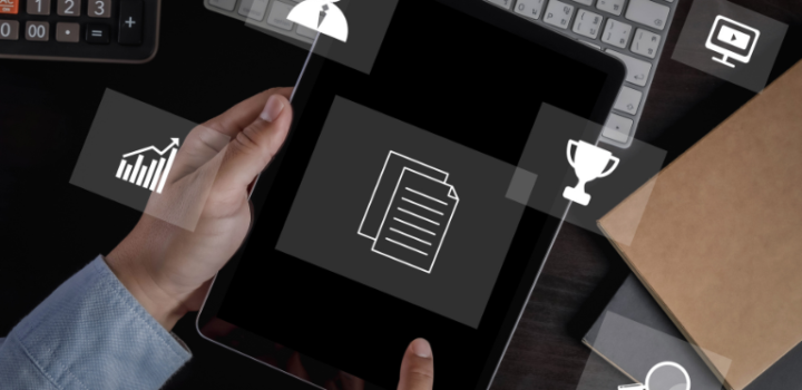 User Required Specification Basic Template shown on a virtual screen as a businessman holds it in his office