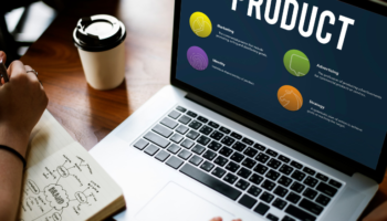 Product management Monday.com used on a laptop in an office as a part of product management process for a manager similar to easynote.com