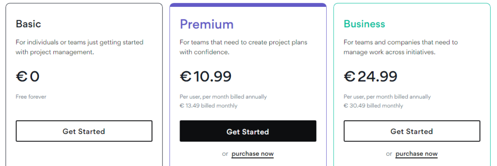 screenshot of asana's pricing page showing its plans and how much it charges for teams big and small