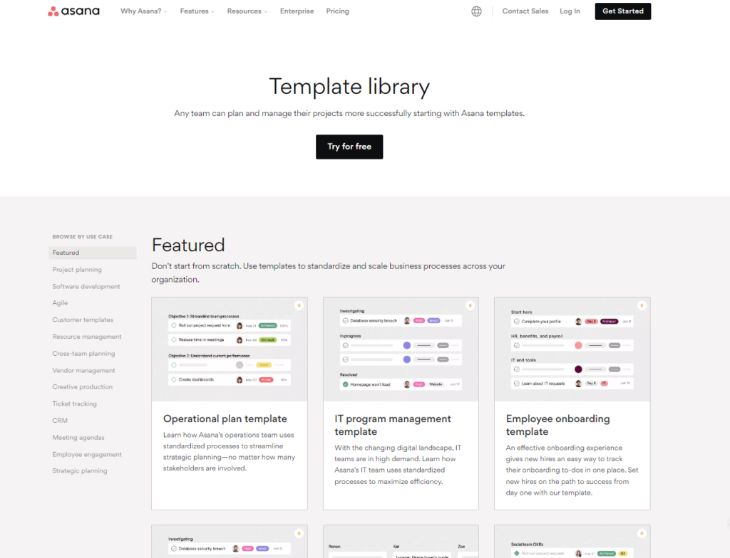 asana's template feature where you can see all the features of it listed on the same page