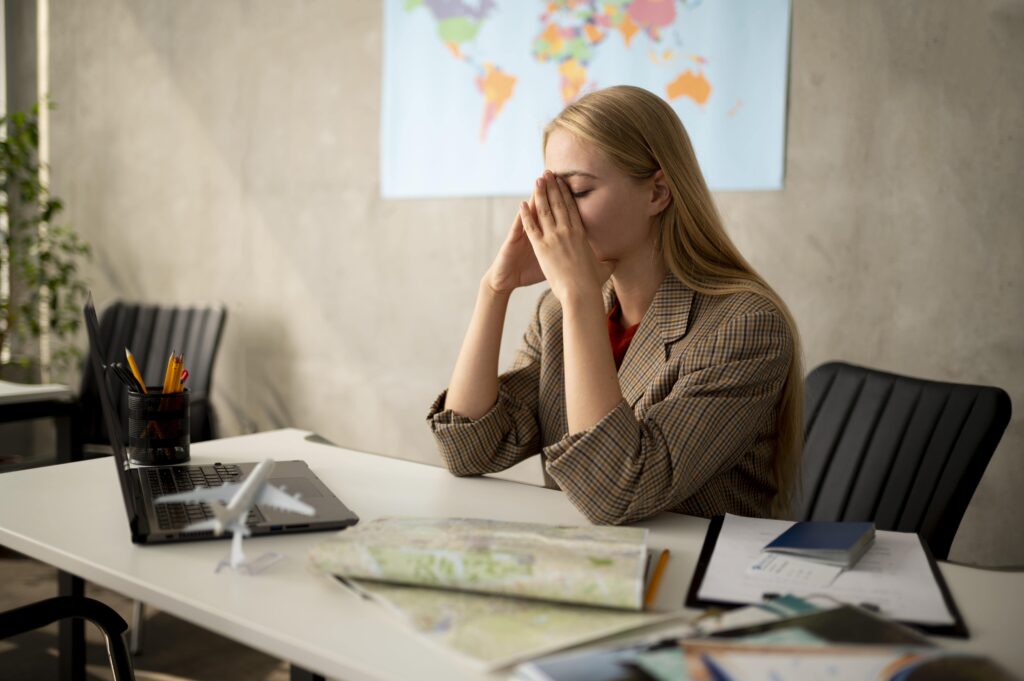 woman employee in an office showing signs of anxiety and stress holding her head sitting at the desk