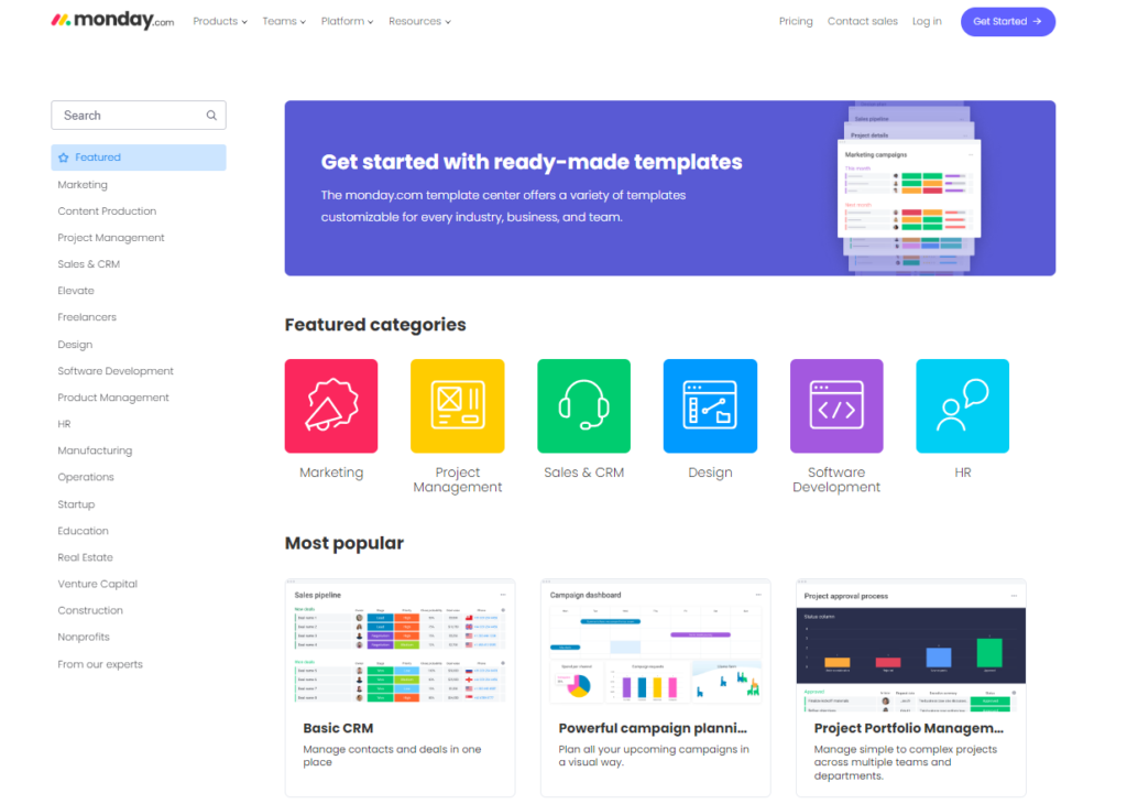 screenshot of monday's templates that users can customize and use for product management monday.com