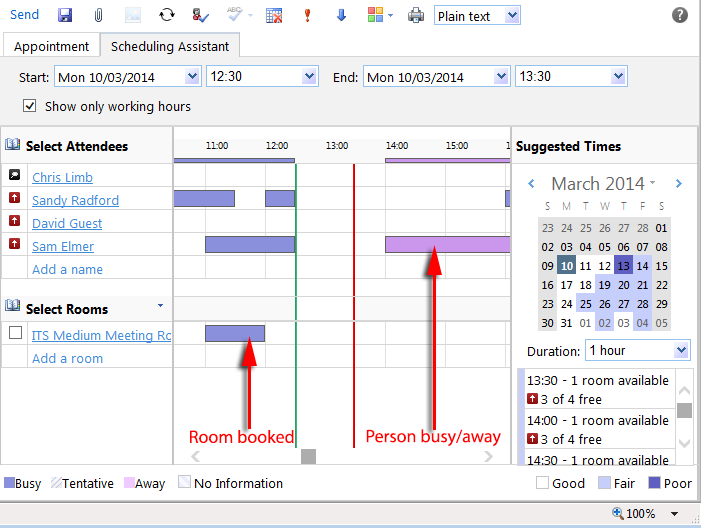 screenshot of outlook's meeting schedule within outlook scheduling assistant 