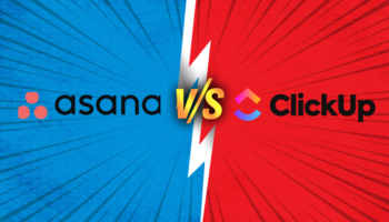 ClickUp vs Asana comparison shown on a blue and red background compared to easynote