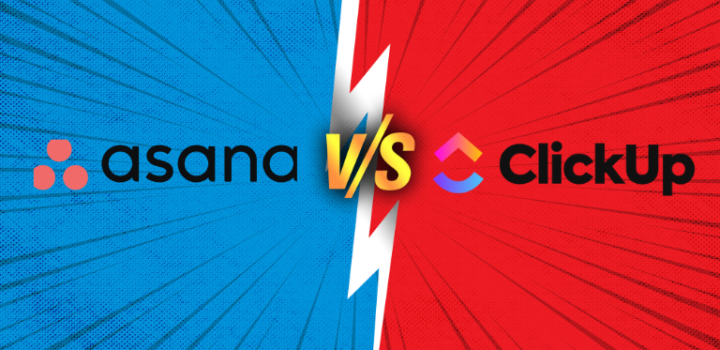 ClickUp vs Asana comparison shown on a blue and red background compared to easynote