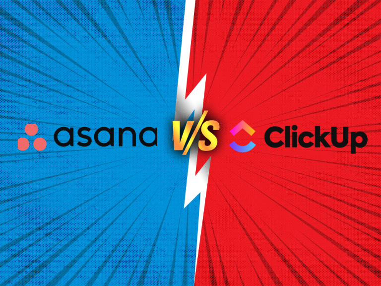 ClickUp vs Asana comparison shown on a blue and red background compared to easynote