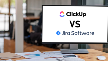 clickup vs jira shown on a desktop computer in an office representing the difference and comparison between these tools