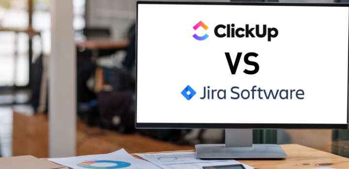 clickup vs jira shown on a desktop computer in an office representing the difference and comparison between these tools