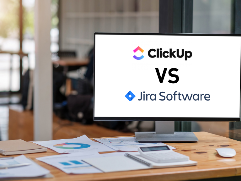 clickup vs jira shown on a desktop computer in an office representing the difference and comparison between these tools