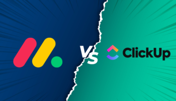 clickup vs monday shown on a blue and green screen that can help you decide which tool is better