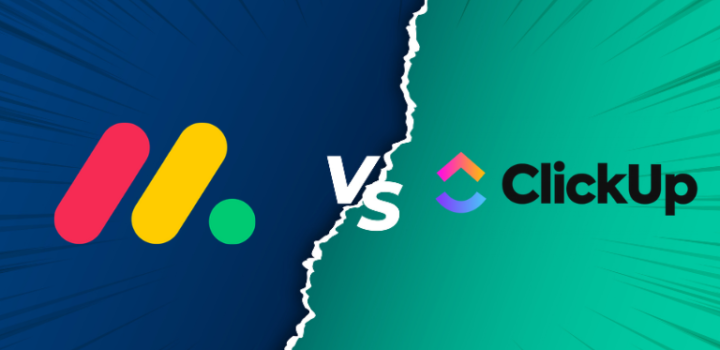 clickup vs monday shown on a blue and green screen that can help you decide which tool is better