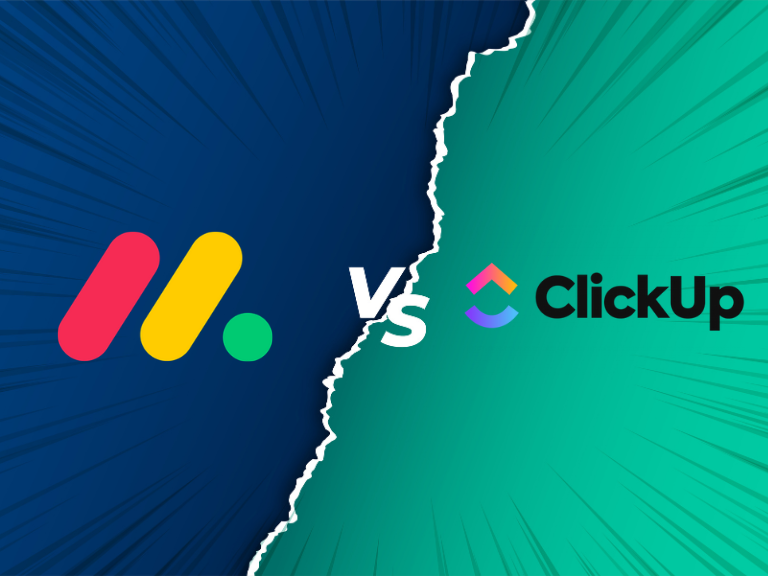 clickup vs monday shown on a blue and green screen that can help you decide which tool is better