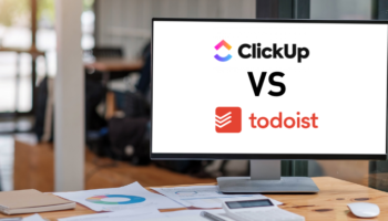 clickup vs todoist comparison shown on a blank monitor in an office shown for audiences compared to easynote