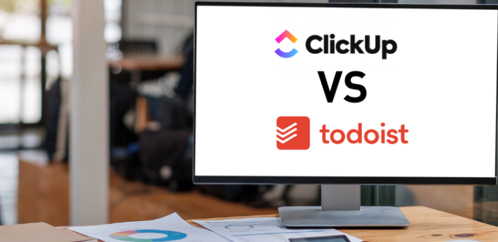 clickup vs todoist comparison shown on a blank monitor in an office shown for audiences compared to easynote