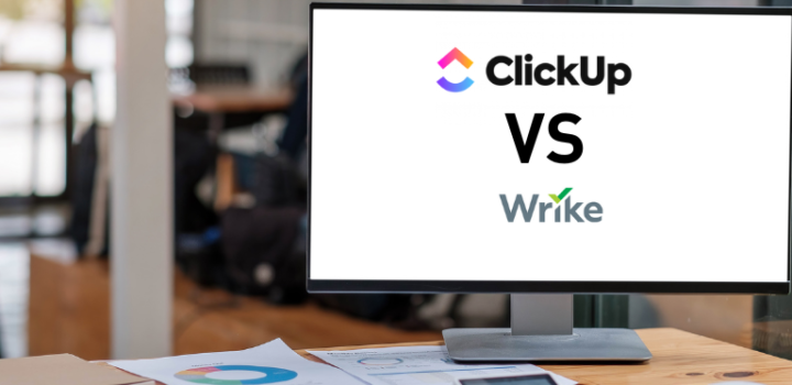 clickupvs wrike written on a desktop computer monitor showing the comparison between the two tools