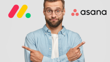 Monday vs Asana comparison shown next to a project manager trying to decide which tool is better similar to easynote