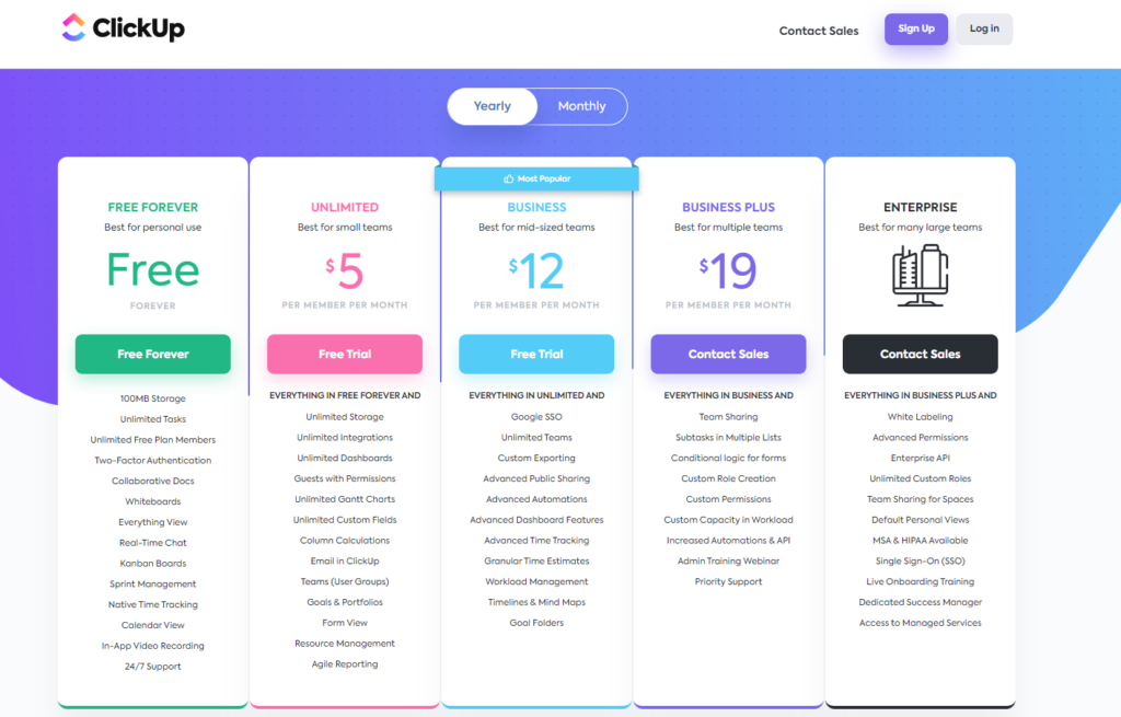 screenshot of clickup pricing and which plans it offers for users similar to easynote or monday or smartsheet