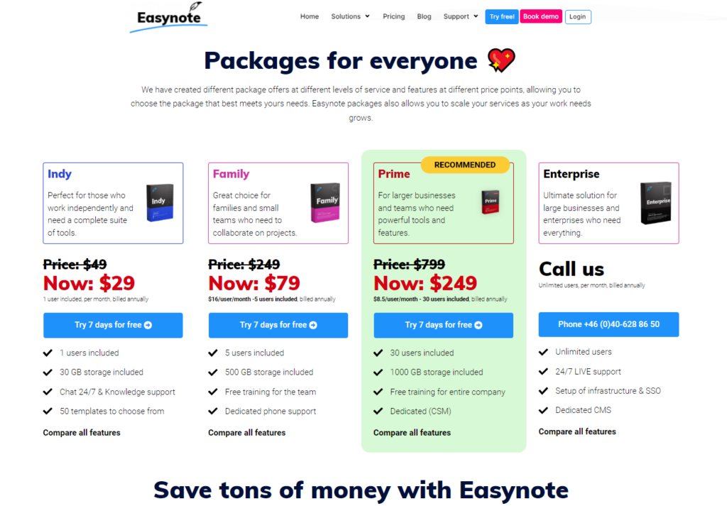 screenshot of easynote's pricing information for those who want to purchase these plans 
