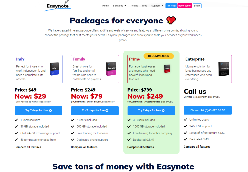 screenshot of easynote's pricing information for those who want to purchase these plans