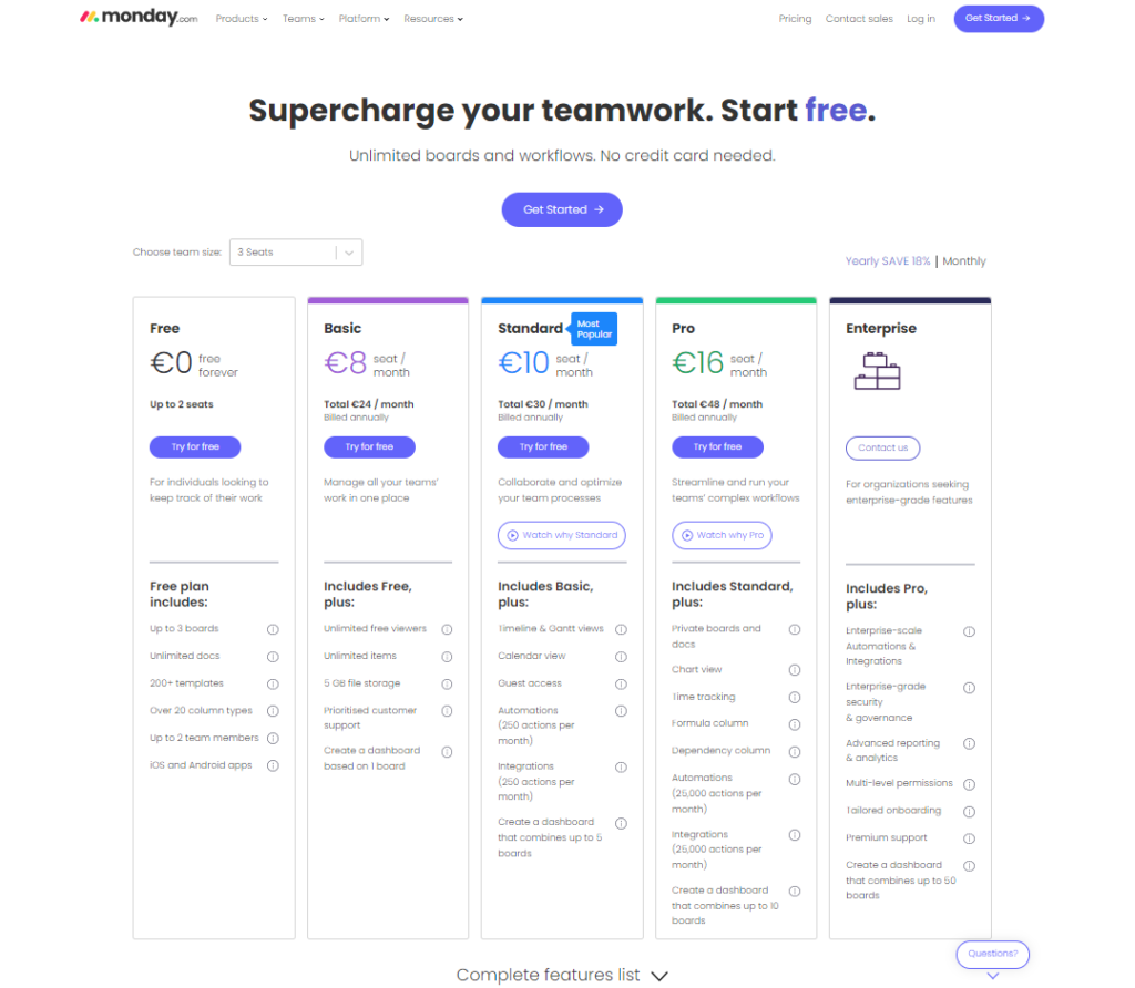 screenshot of monday's pricing page showing its plans and how much it charges for teams big and small