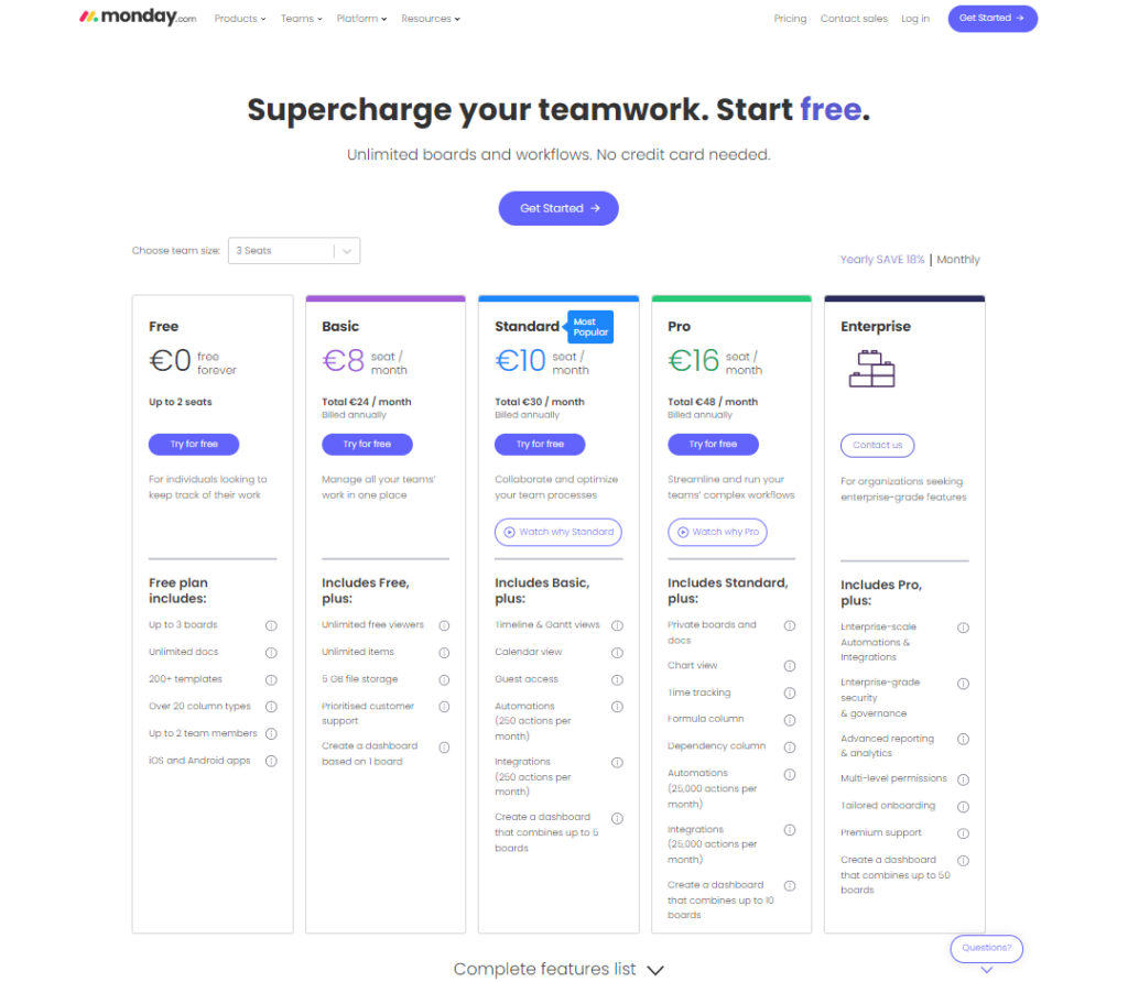 screenshot of monday's pricing plan that is useful for all users who need to look into monday vs basecamp comparison