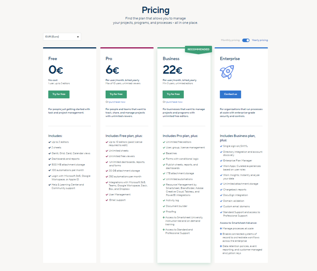 screenshot of smartsheet pricing and which plans it offers for users similar to easynote or monday or smartsheet vs clickup