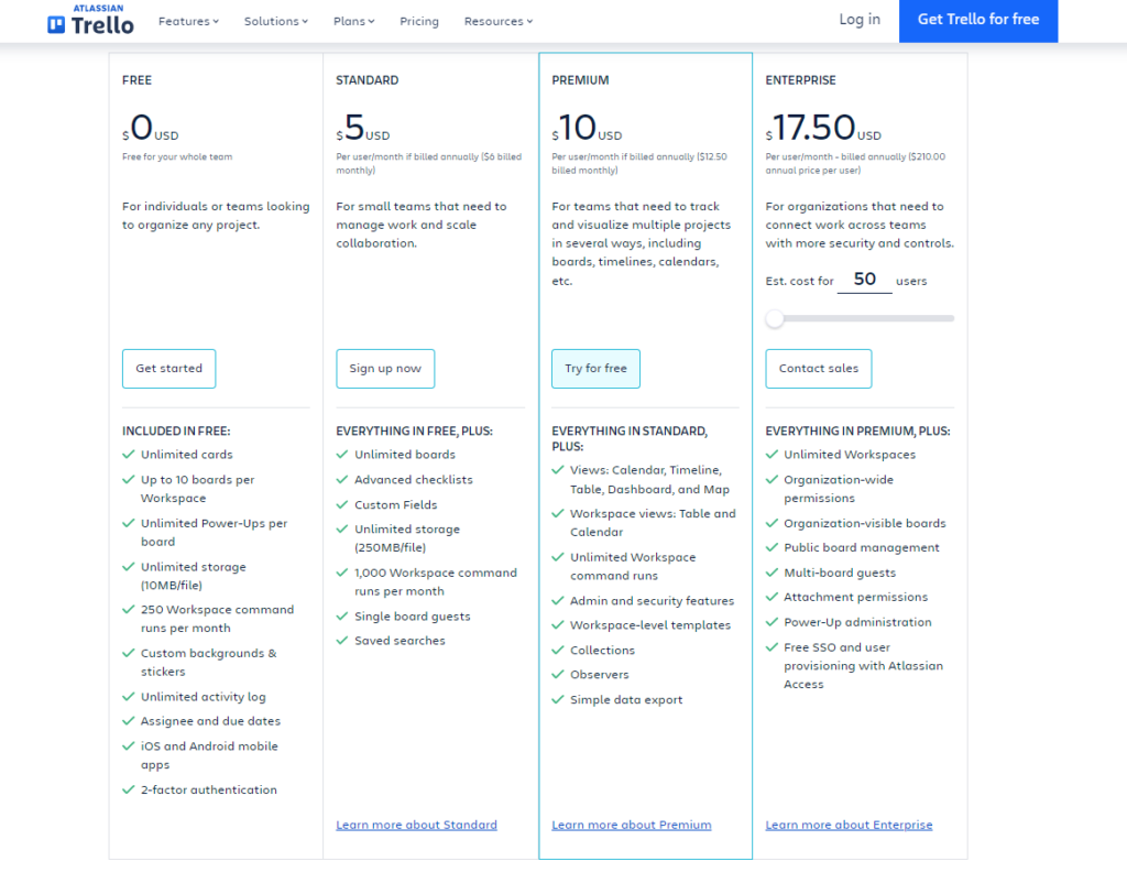 screenshot of trello's pricing used to compare trello vs clickup and the best tool for project management compared to easynote