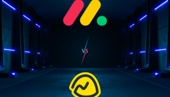 monday vs basecamp shown on the black futuristic background as it represents the battle of project management tools
