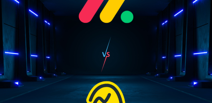monday vs basecamp shown on the black futuristic background as it represents the battle of project management tools