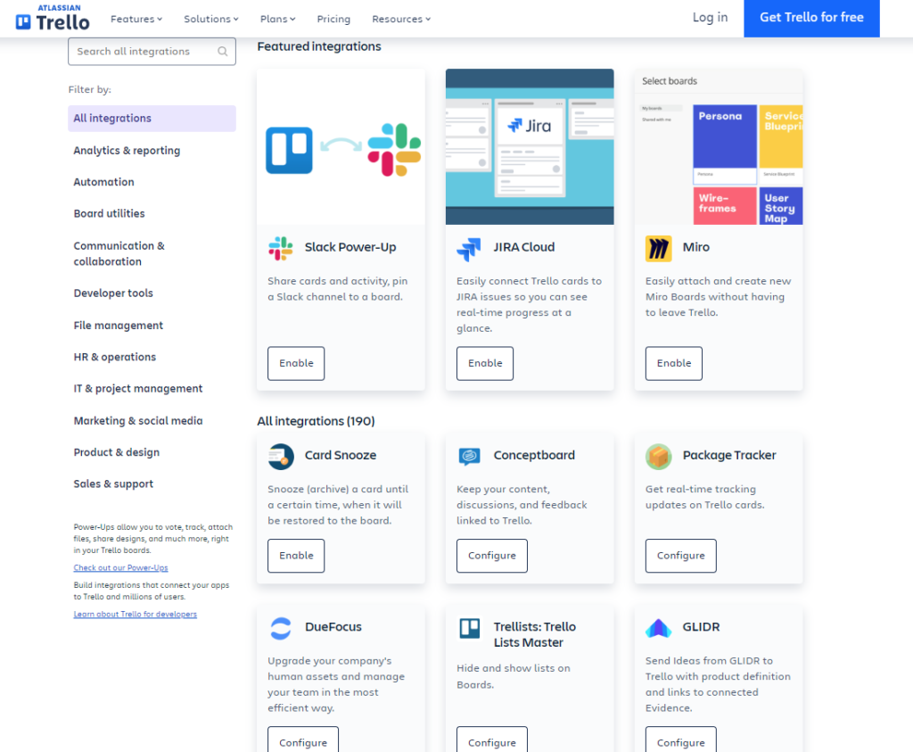 screenshot of trello integrations that let users optimize their work trello vs monday 